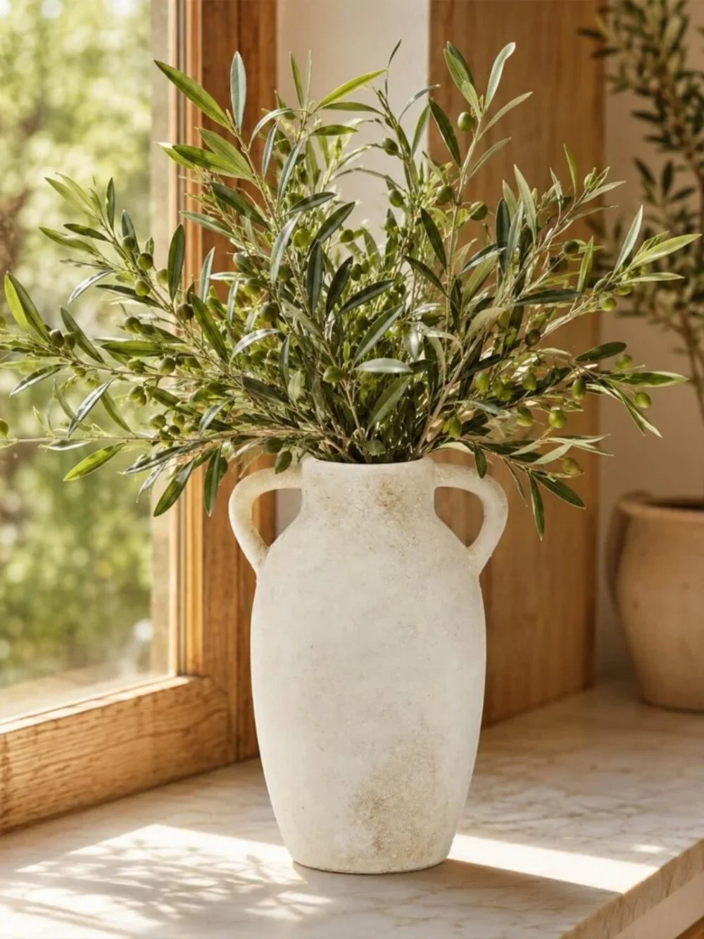 Rustic 9.8-Inch Beige Ceramic Vase with Handles - Farmhouse Decor Accent